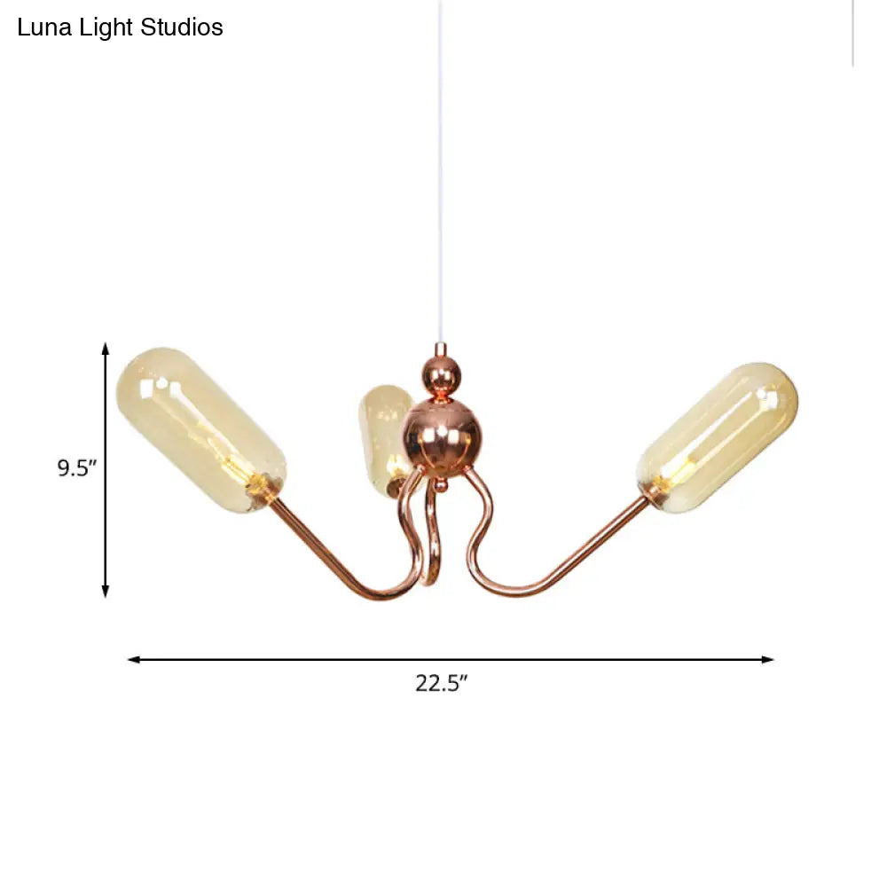 Industrial Copper 3-Light Chandelier with Clear/Amber Glass Globes, Dining Room Pendant Fixture