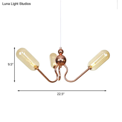 Industrial Copper 3-Light Chandelier with Clear/Amber Glass Globes, Dining Room Pendant Fixture