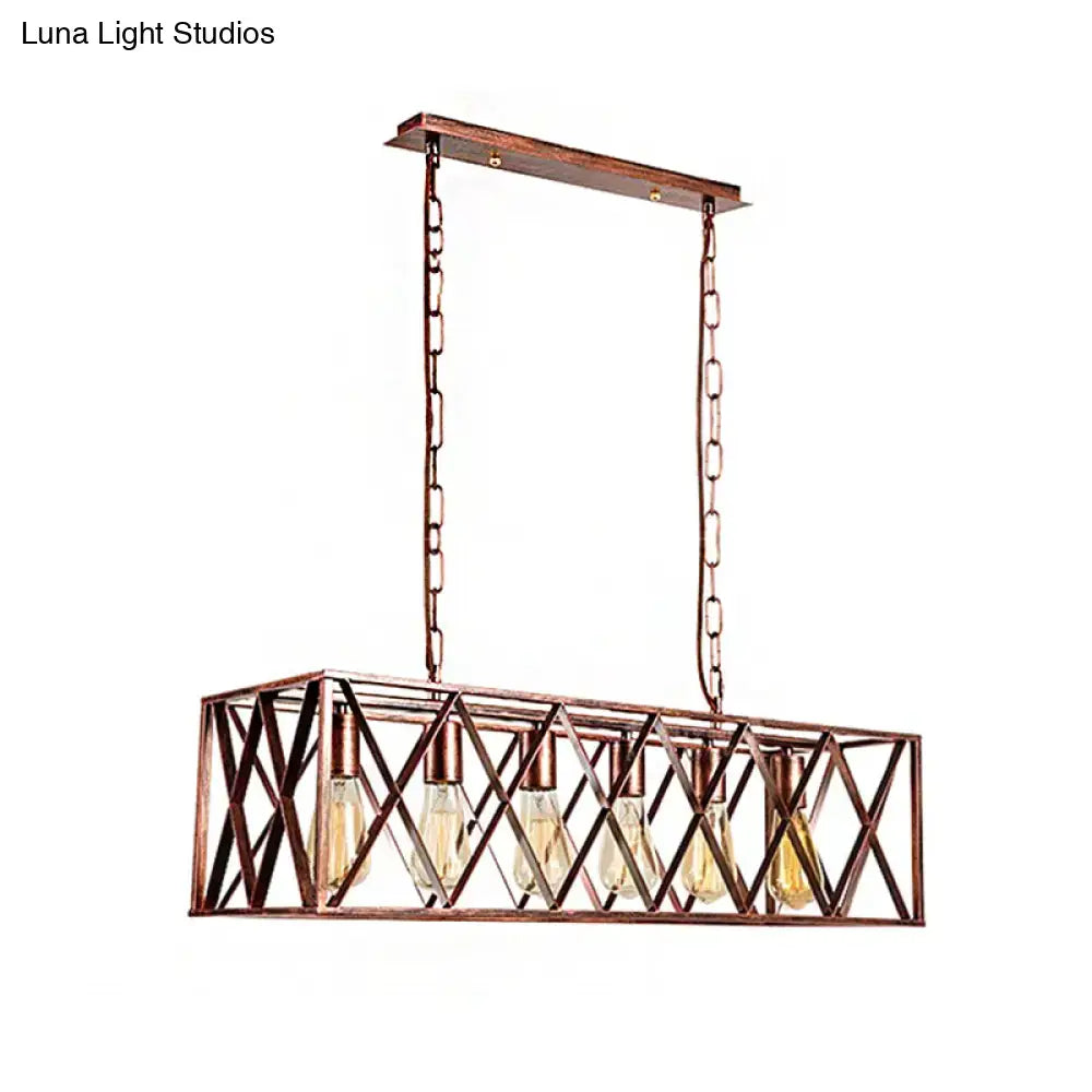 DecorBites industrial dining room island light with copper metal frame and five exposed Edison bulbs on hanging chains