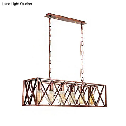 DecorBites industrial dining room island light with copper metal frame and five exposed Edison bulbs on hanging chains