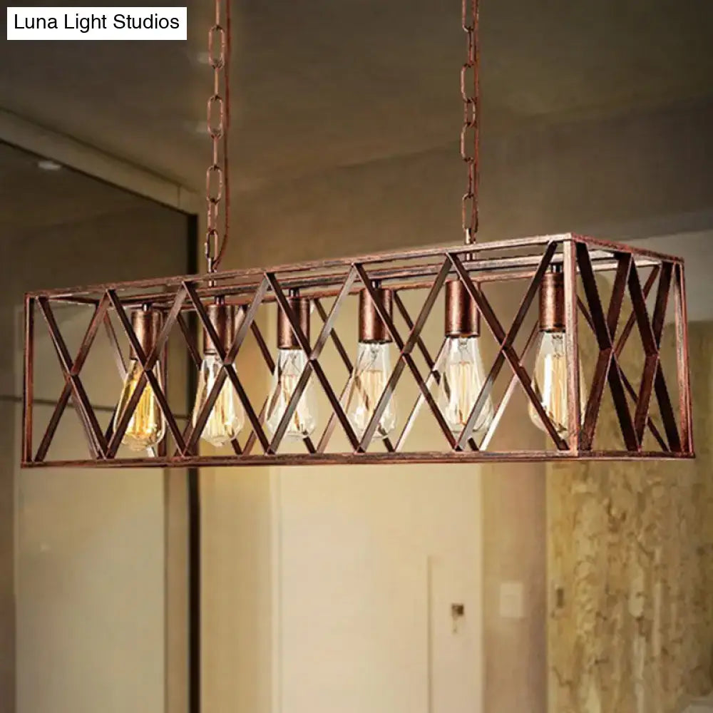DecorBites industrial cross-framed dining room island light with copper metal frame and five exposed Edison bulbs