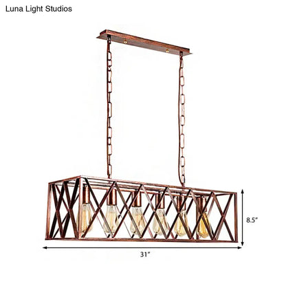 Decorbites industrial cross-framed dining room island light with six rustic copper-toned metal lights and edison bulbs