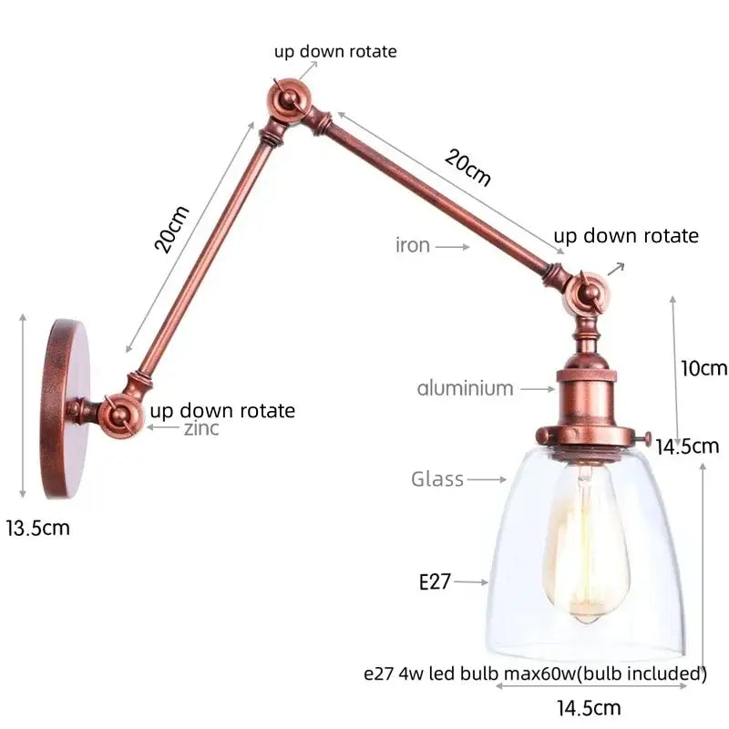 Industrial copper adjustable glass swing arm wall sconce with clear shade and e27 led bulb for bedroom decorbites adjustable glass