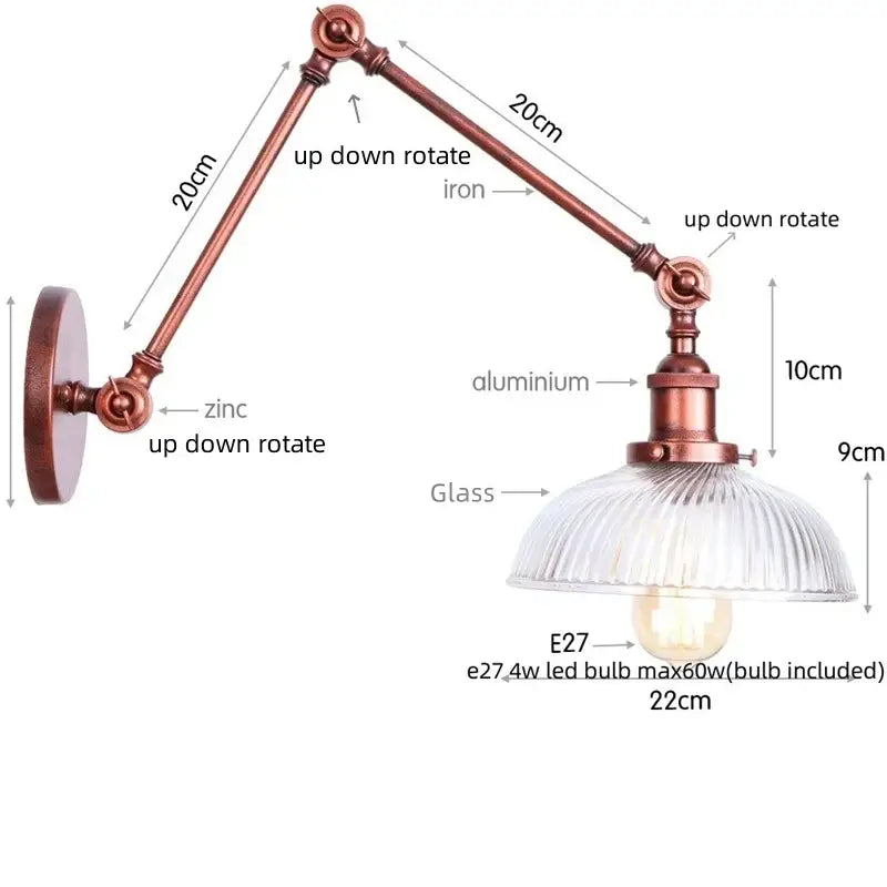 Industrial copper adjustable glass swing arm wall sconce with ribbed shade and iron arms for bedroom light decorbites adjustable glass