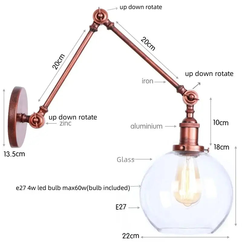 Industrial copper adjustable glass swing arm wall sconce with clear globe housing an e27 led bulb for bedroom decorbites adjustable glass lighting