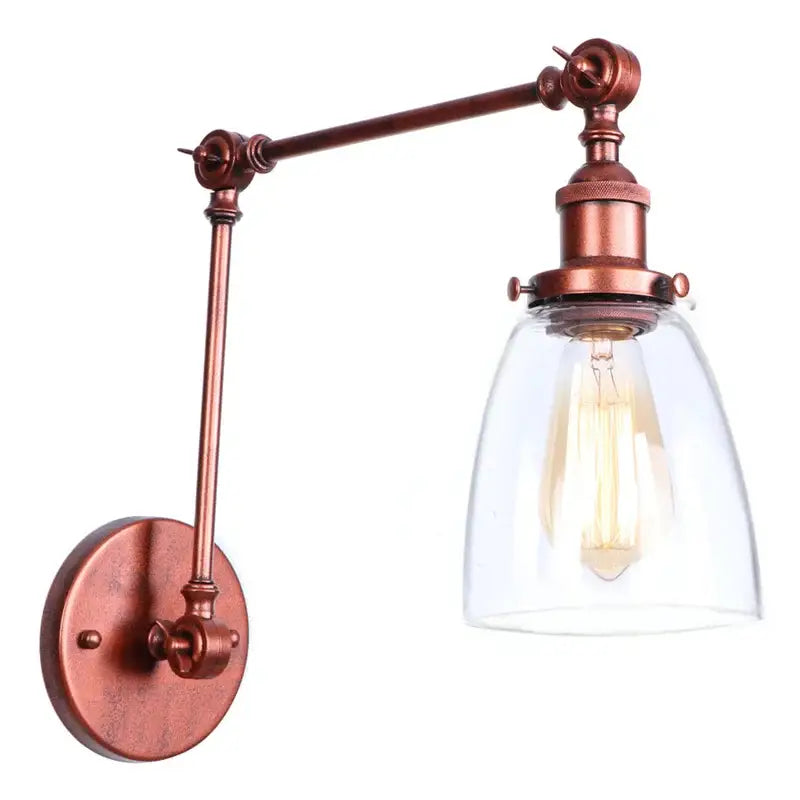 Industrial copper adjustable glass swing arm wall sconce with clear glass shade and exposed filament bulb for bedroom decorbites adjustable glass