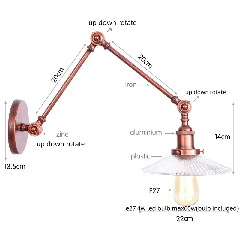 Industrial copper adjustable glass swing arm wall sconce with articulated zinc and aluminum arms for bedroom decorbites lighting