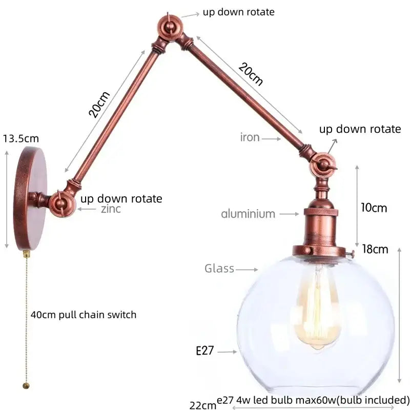 Copper-finished industrial adjustable glass swing arm wall sconce with spherical shade and e27 led bulb for bedroom decorbites adjustable glass