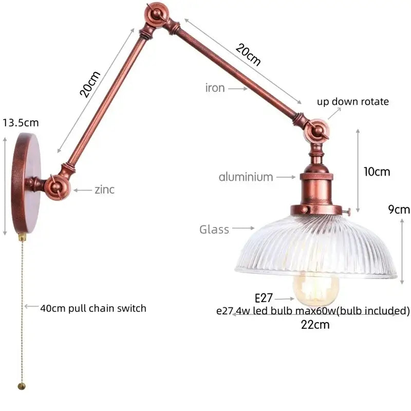 Industrial copper adjustable glass swing arm wall sconce with ribbed shade and e27 led bulb for bedroom decorbites adjustable glass