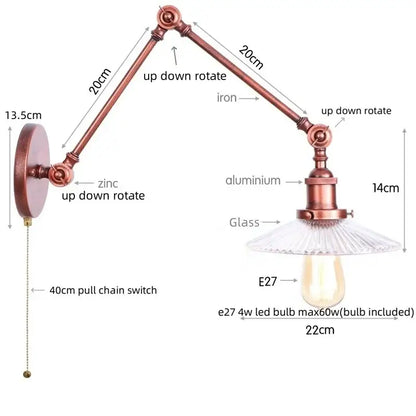 Industrial copper adjustable glass swing arm wall sconce with articulated iron and aluminum arms for bedroom decorbites adjustable glass lighting