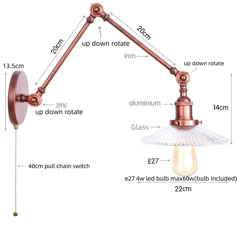 Industrial copper adjustable glass swing arm wall sconce with articulated iron and aluminum arms for bedroom decorbites adjustable glass lighting