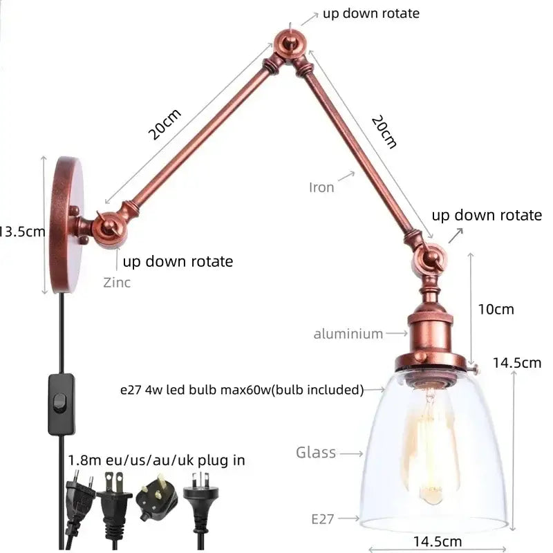 Industrial copper adjustable glass swing arm wall sconce with clear glass shade and e27 led bulb for bedroom decorbites adjustable glass lighting