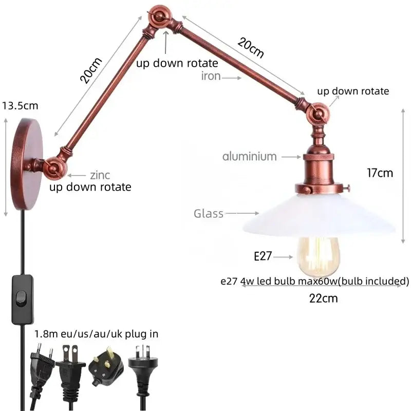 Industrial copper adjustable glass swing arm wall sconce with frosted shade and e27 led bulb for bedroom lighting