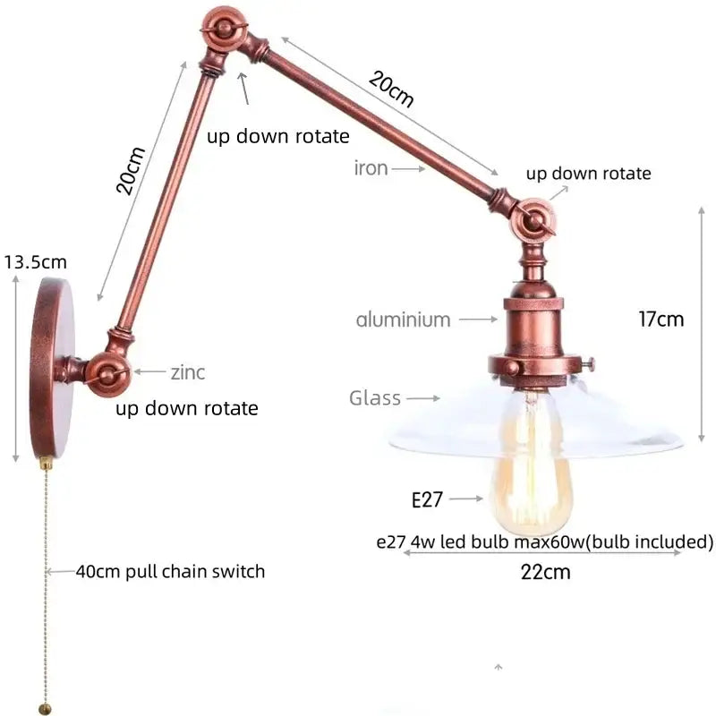 Industrial copper adjustable glass swing arm wall sconce with articulated arms and glass shade for bedroom lighting
