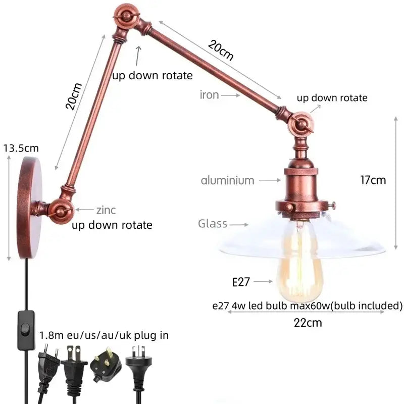 Copper-finished industrial wall sconce with decorbites adjustable glass swing arm and e27 led bulb for bedroom lighting