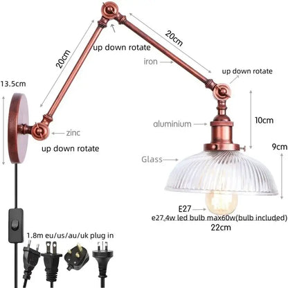 Industrial copper adjustable glass swing arm wall sconce with ribbed shade and e27 led bulb for bedroom lighting
