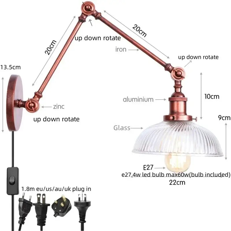 Industrial copper adjustable glass swing arm wall sconce with ribbed shade and e27 led bulb for bedroom lighting