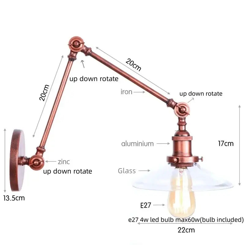 Industrial copper adjustable glass swing arm wall sconce with a clear glass shade and e27 led bulb for bedroom decorbites adjustable glass lighting