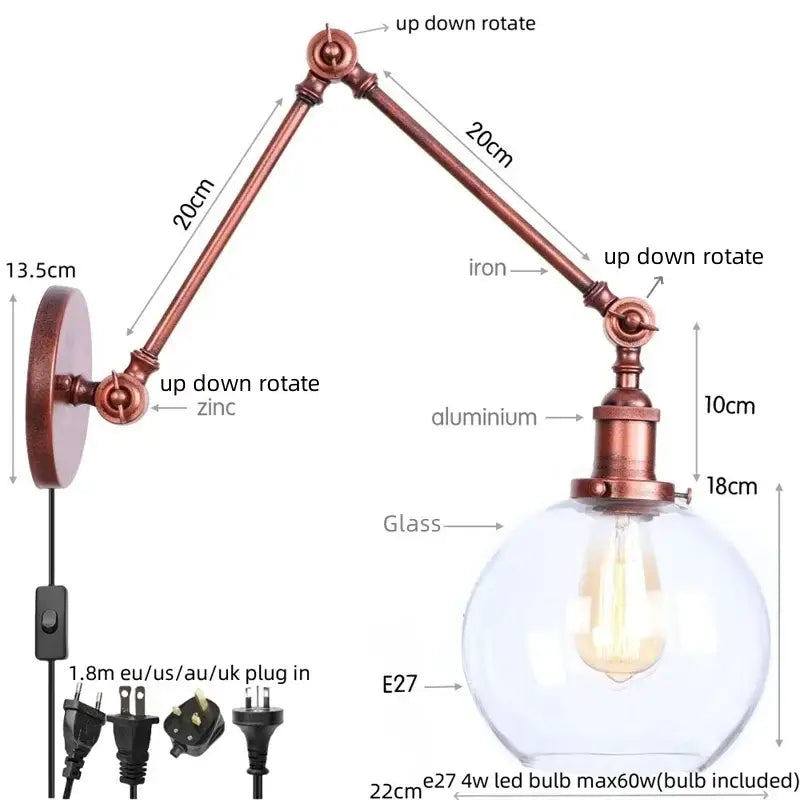 Industrial copper adjustable glass swing arm wall sconce with clear globe and e27 led bulb for bedroom lighting decorbites adjustable glass