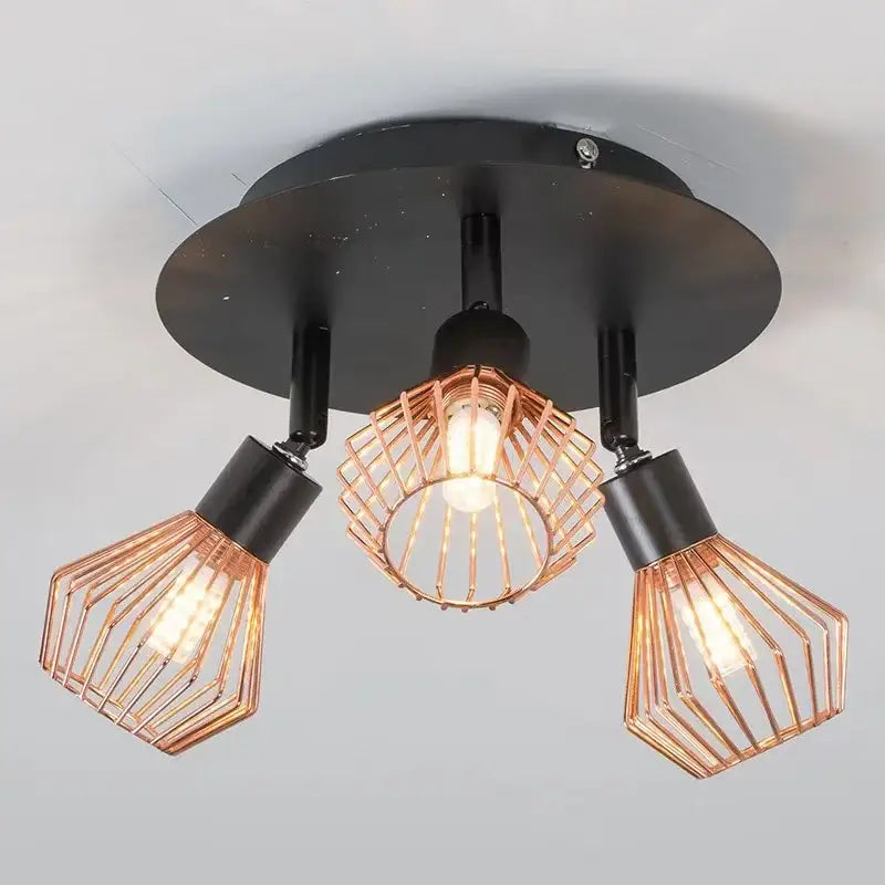 Black ceiling-mounted industrial copper diamond cage chandelier with three adjustable wire cage lights for kitchen pendant lighting
