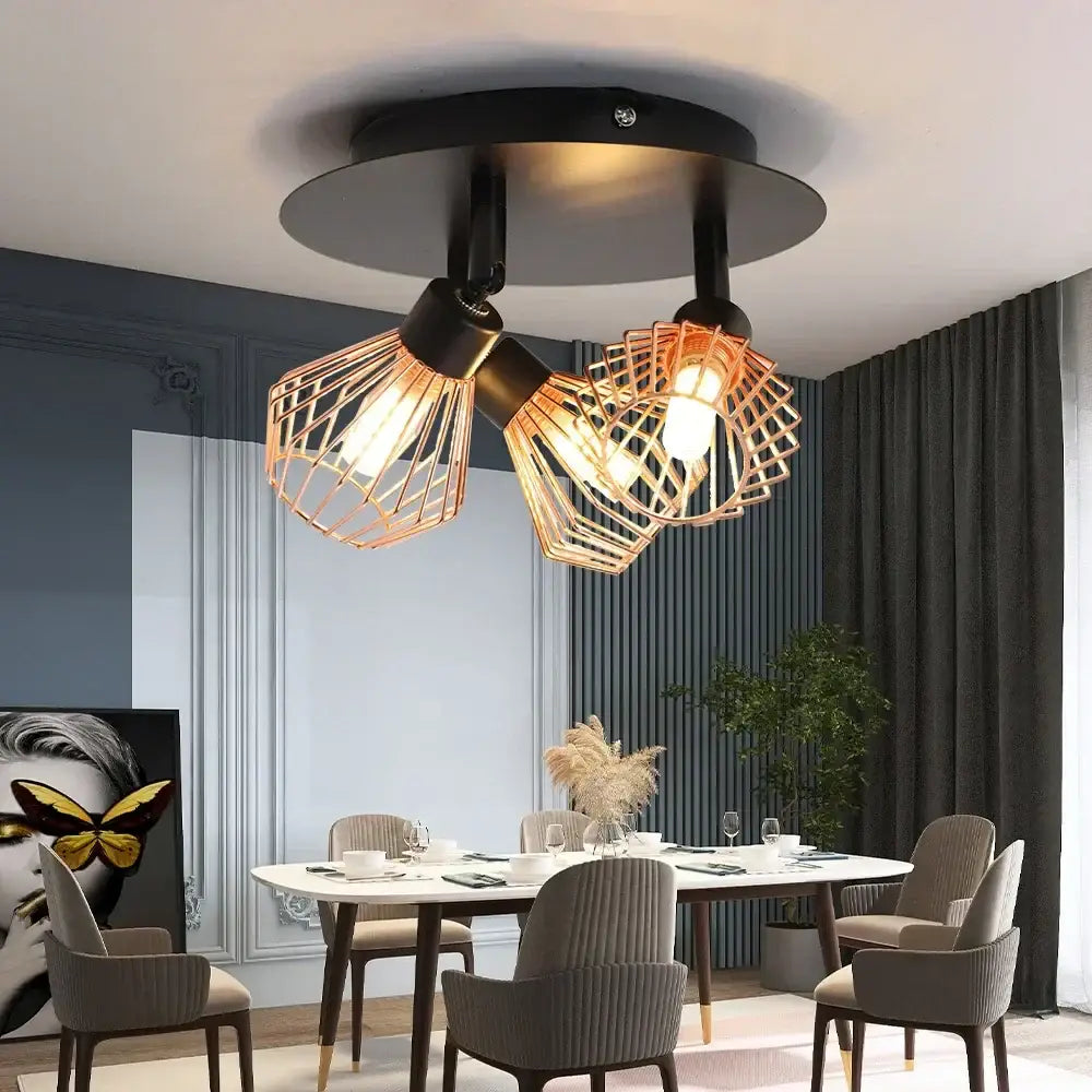 Industrial copper diamond cage chandelier kitchen pendant light with three copper wire cage fixtures and black base