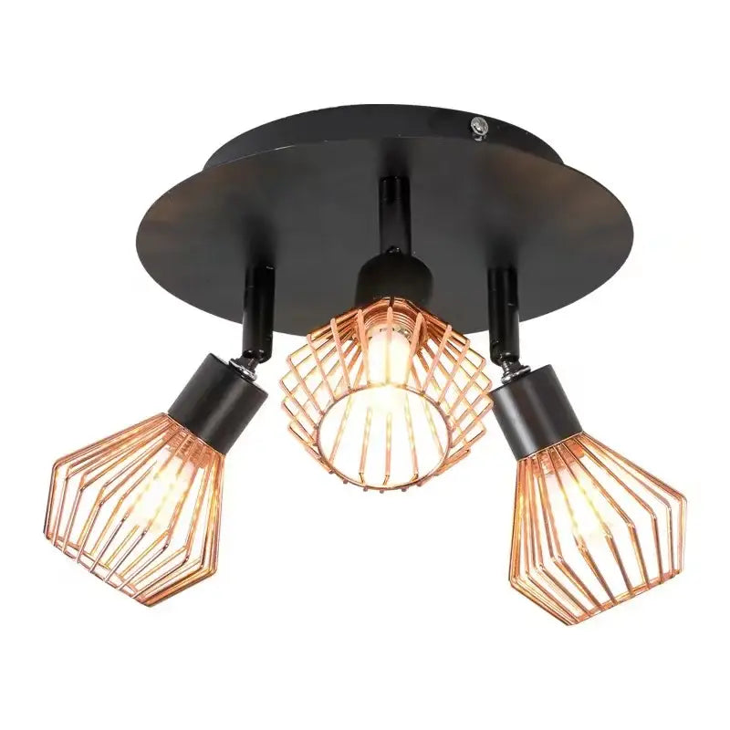 Industrial copper diamond cage chandelier kitchen pendant light with three copper wire cage shades and black fixtures