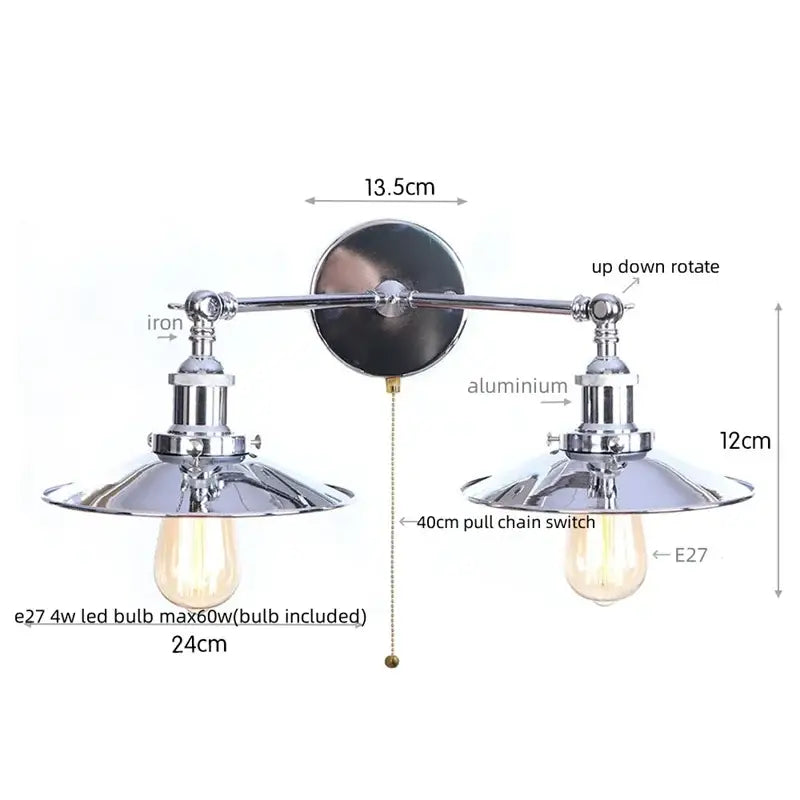 Chrome-finished industrial copper dual head led wall light with two adjustable arms and vintage edison bulbs for decorbites wall light