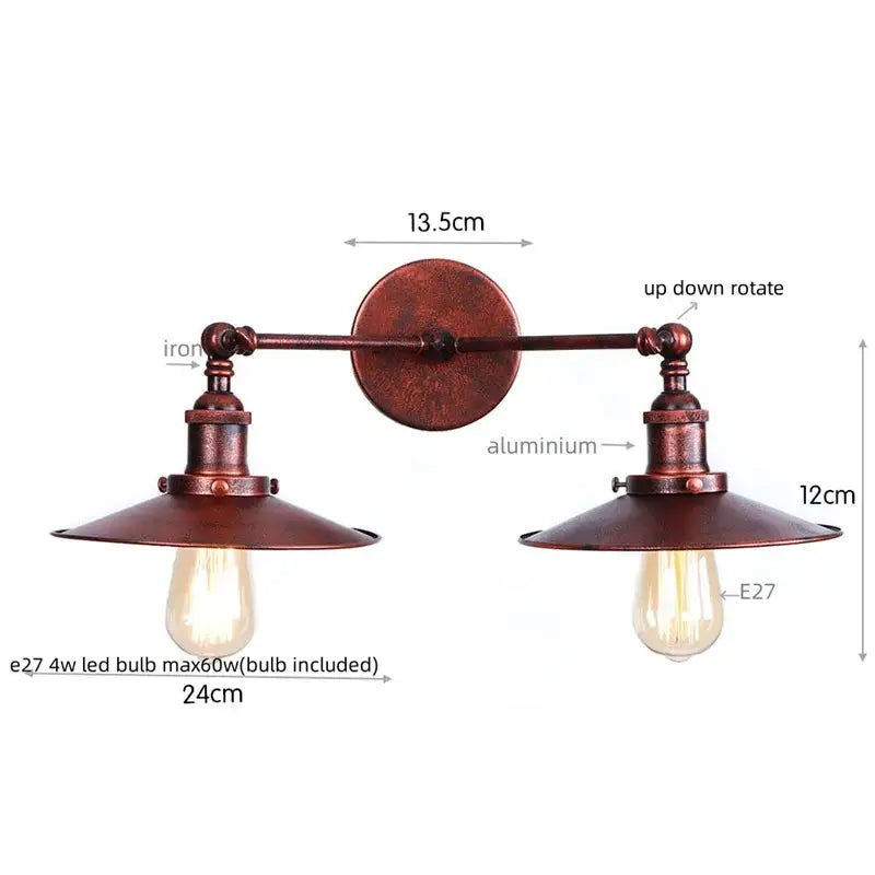 Rustic copper-finished industrial copper dual head led wall light with two adjustable arms and vintage edison bulb sockets
