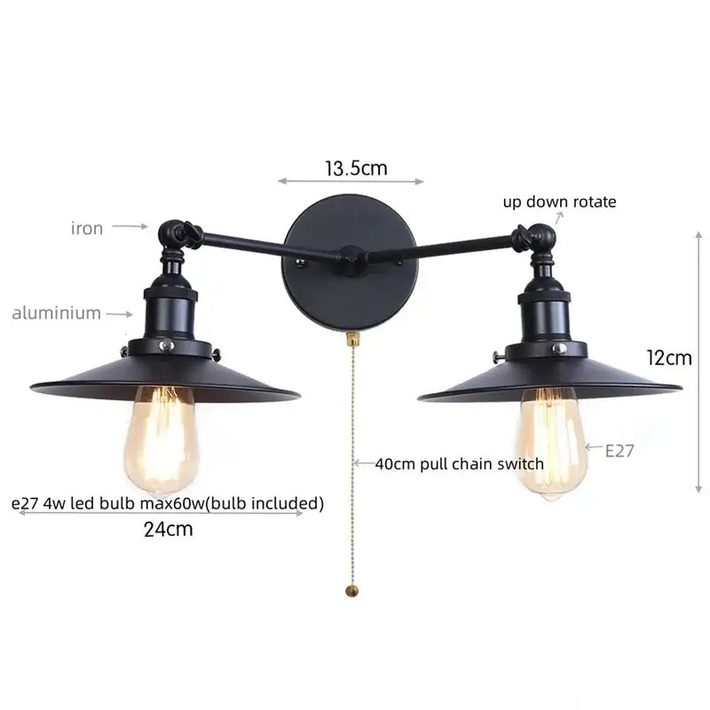 Black industrial-style wall light with dual head pink edison bulbs and adjustable arms from decorbites dual head series