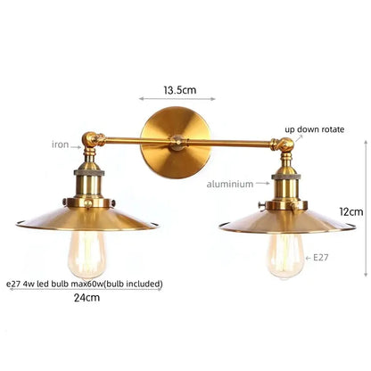 Brass-finished industrial copper dual head pink led wall light with two adjustable conical lampshades and exposed bulbs