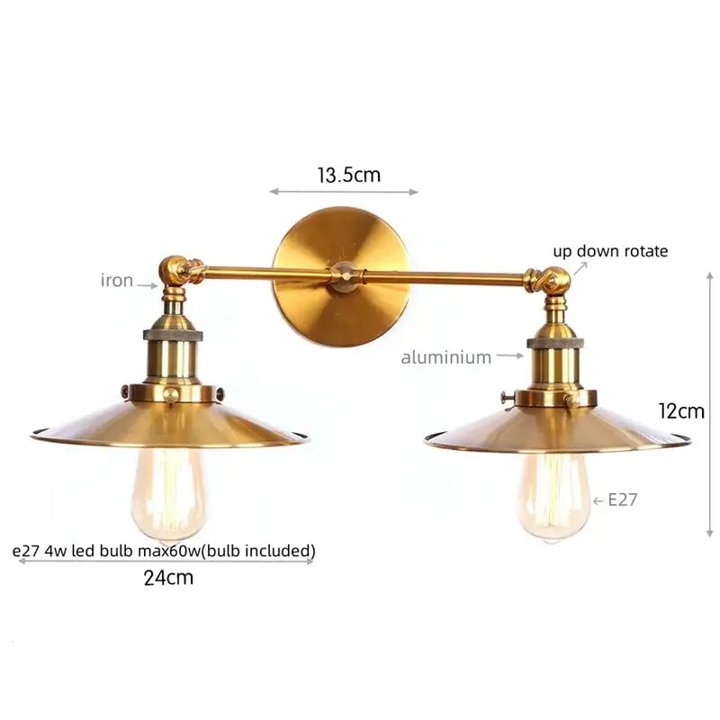 Brass-finished industrial copper dual head pink led wall light with two adjustable conical lampshades and exposed bulbs