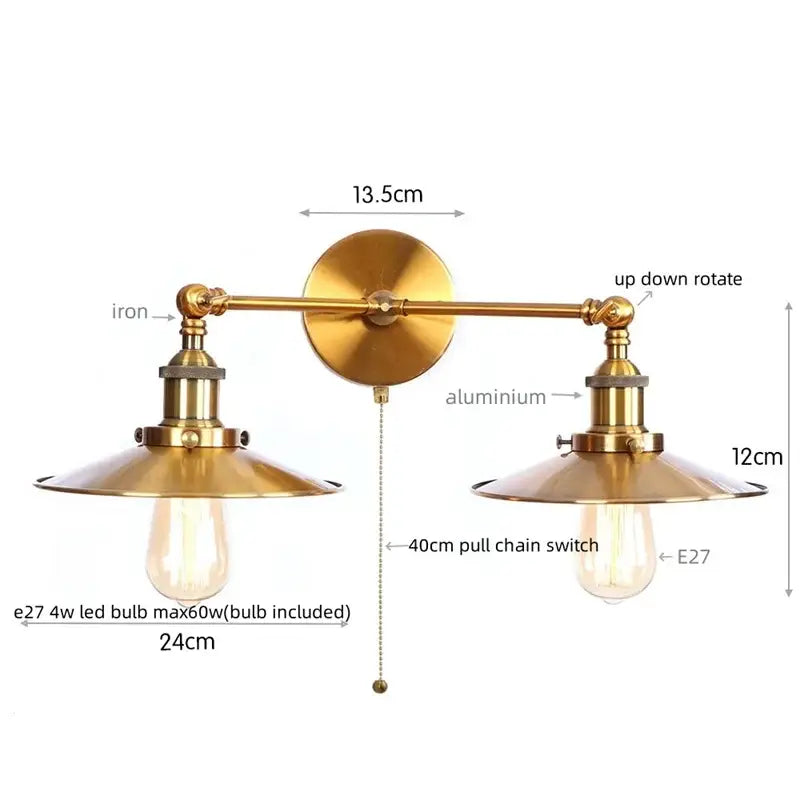 Brass-finished industrial copper dual head pink led wall light with adjustable conical shades and pull-chain switch for bedroom decorbites dual head wall light