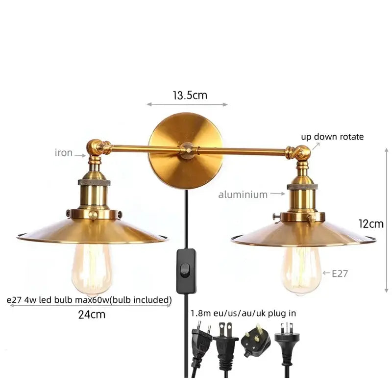 Brass-finished industrial-style wall light with two adjustable arms and matching lampshades for bedroom decorbites dual head pink led