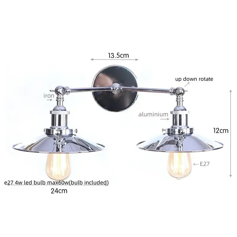 Chrome-finished industrial-style decorbites dual head pink led wall light with two adjustable arms for bedroom use