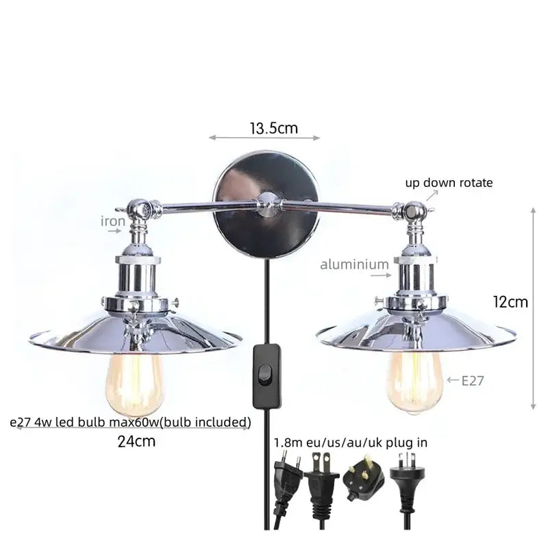Chrome finished industrial style decorbites dual head wall light with adjustable arms and vintage bulbs for bedroom decor