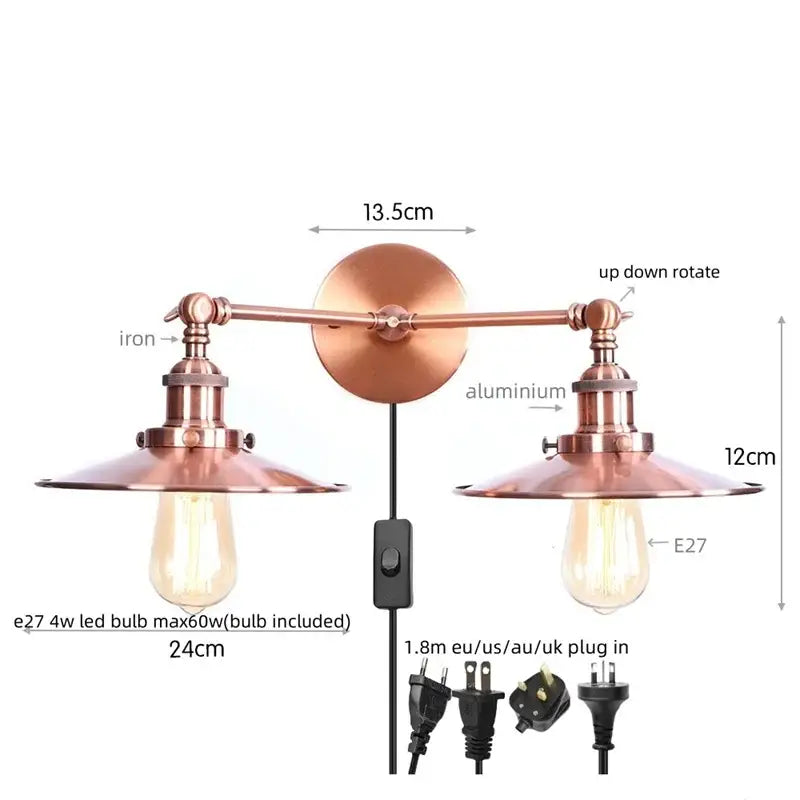 Copper-finished industrial wall light with dual adjustable arms and pink led decorbites dual head lampshades for bedroom