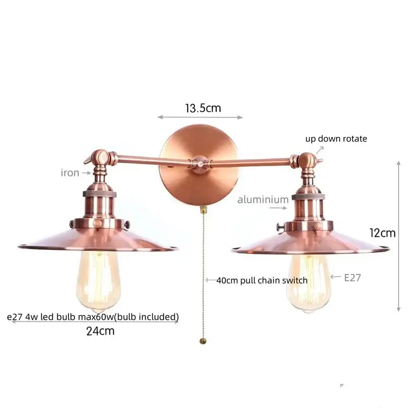 Copper-finished decorbites dual head pink led wall light with two adjustable arms and vintage edison bulbs for bedroom decor