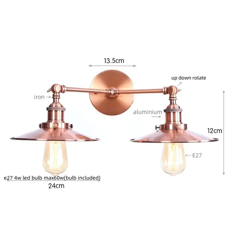 Industrial copper dual head pink led wall light with adjustable arms and vintage edison bulbs for bedroom decorbites wall light