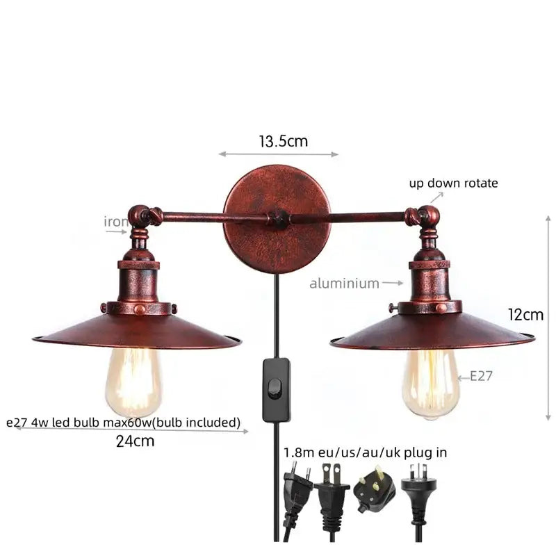 Rust-colored industrial copper dual head pink led wall light with two adjustable arms and vintage edison bulbs for bedroom decorbites dual head wall light