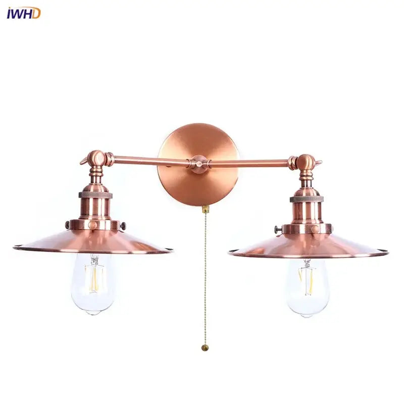 Industrial copper dual head pink led wall light with exposed filament bulbs and pull-chain switch for bedroom decorbites wall light
