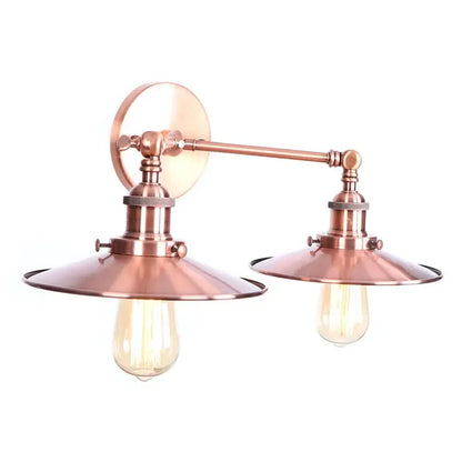 Copper-toned industrial copper dual head pink led wall light with two exposed filament bulbs and conical shades for bedroom decorbites dual head wall light