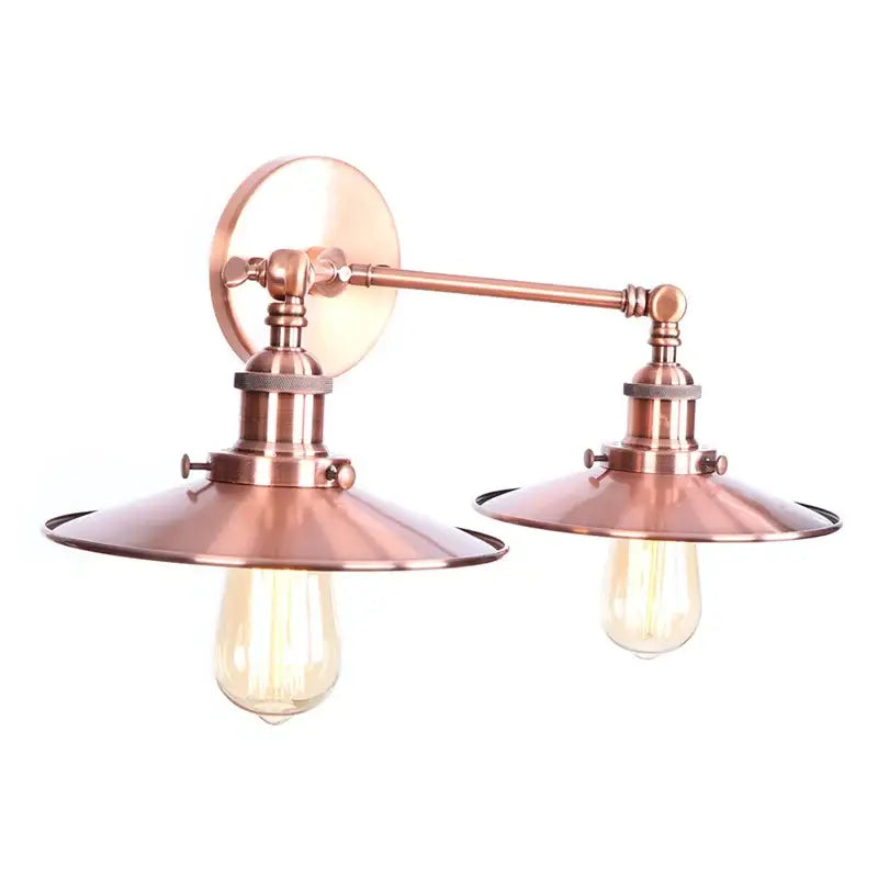 Copper-toned industrial copper dual head pink led wall light with two exposed filament bulbs and conical shades for bedroom decorbites dual head wall light