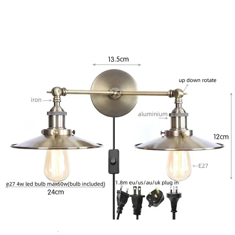 Vintage-style brass-finished decorbites dual head wall light with adjustable arms and pink lampshades for bedroom decor