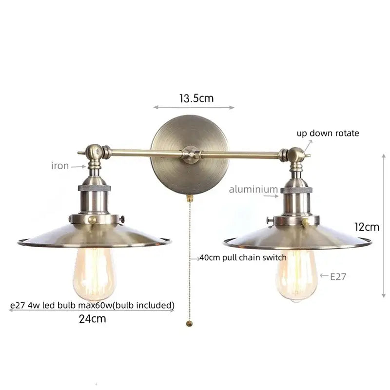 Vintage-style brass-finished wall light with dual head pink LED shades and central pull chain switch for bedroom decorbites dual head
