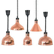 Copper-colored industrial pendant light with black flexible cords and adjustable heads electric food heat lamp