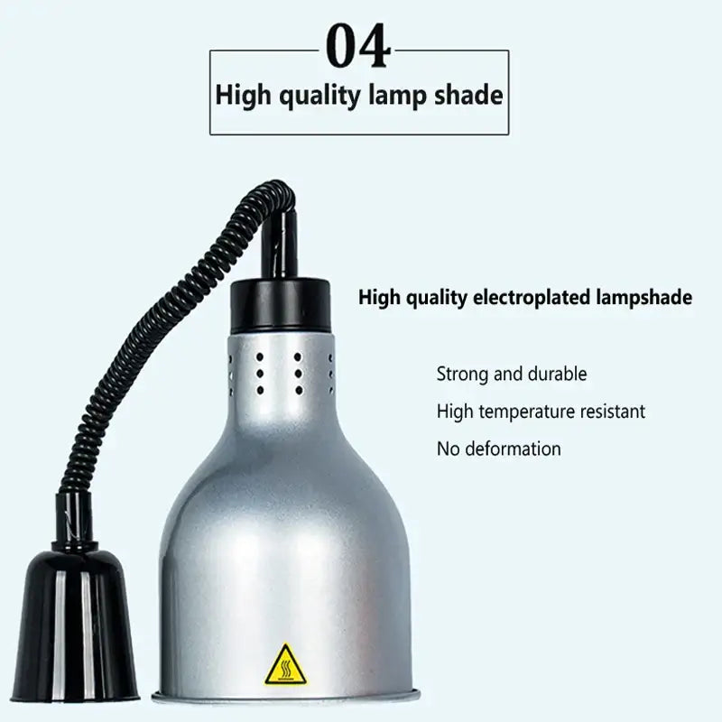 Industrial copper electric food heat lamp with silver electroplated shade black flexible hose and base designed for high temperature resistance