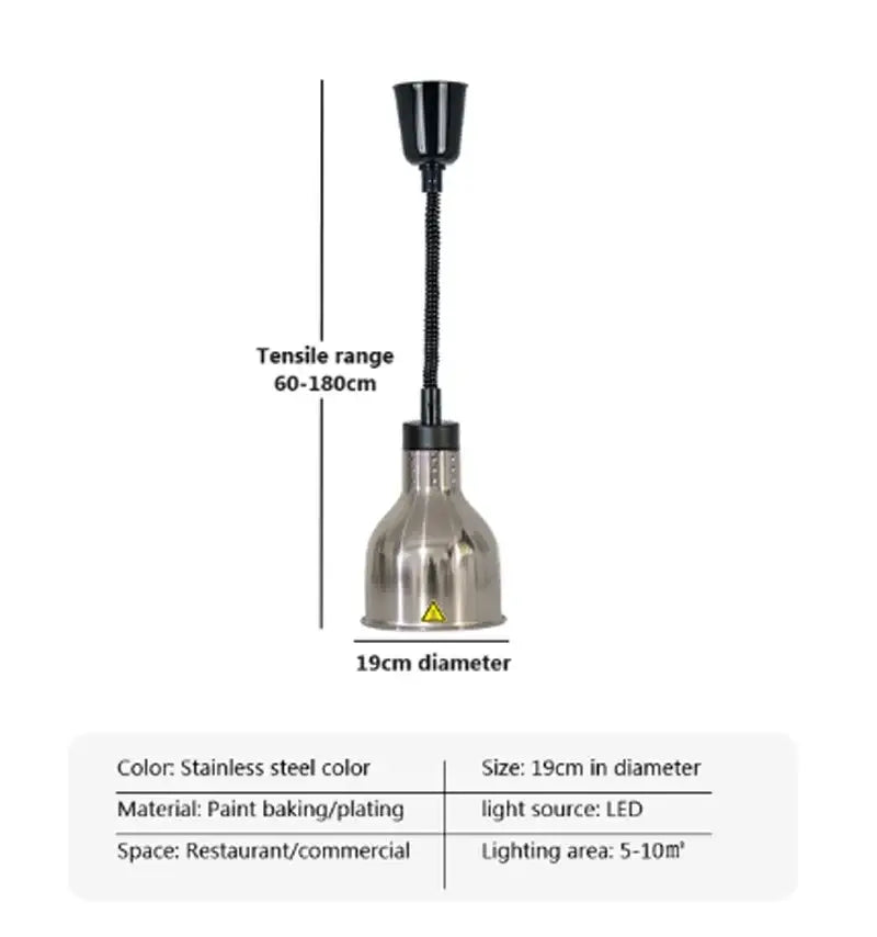 Stainless steel color electric food heat lamp with flexible black gooseneck and 19cm diameter base for kitchen use