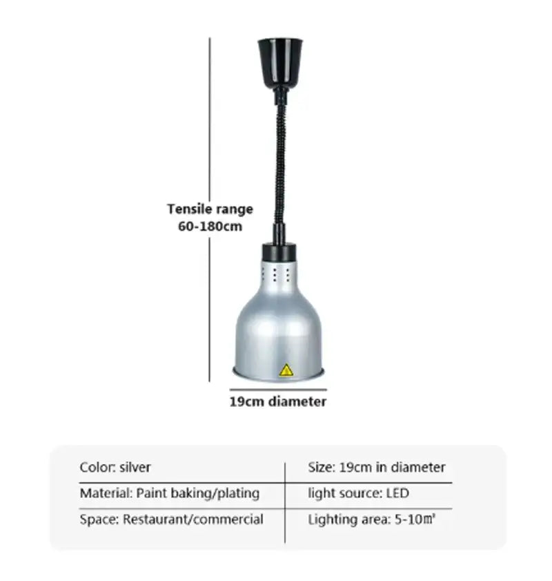 Silver 19cm diameter led electric food heat lamp with black flexible neck and mounting cap for industrial use