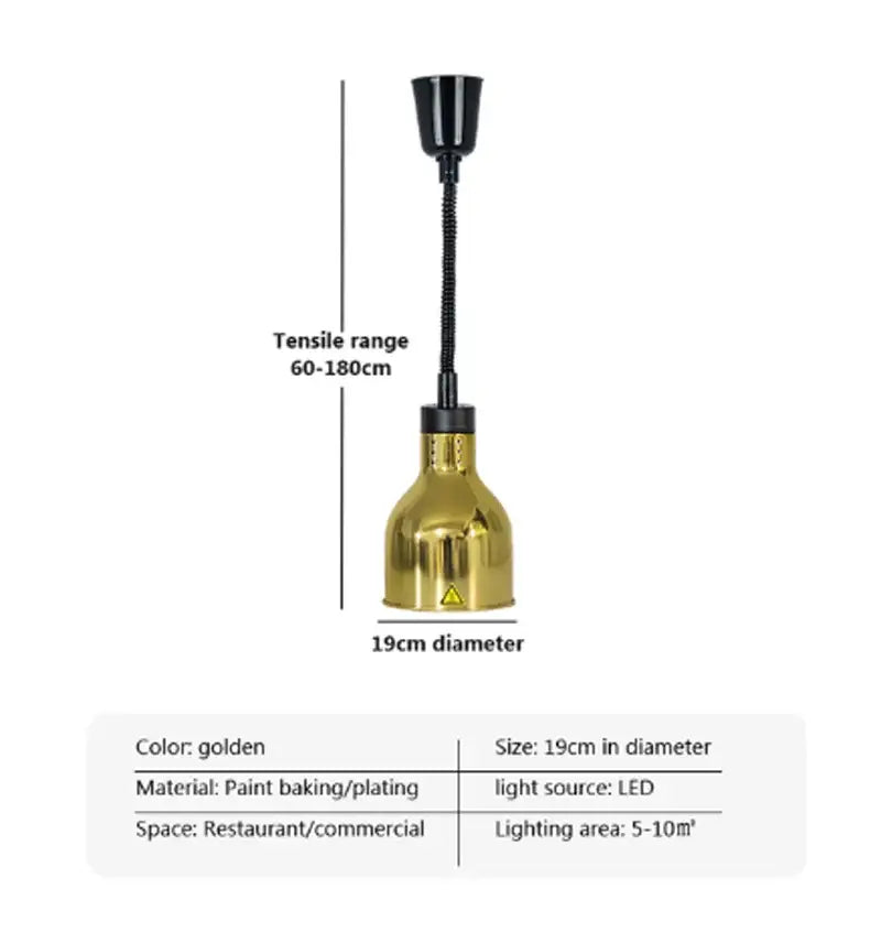 Golden metallic-plated industrial copper electric food heat lamp pendant light with flexible gooseneck and led bulb for restaurant use