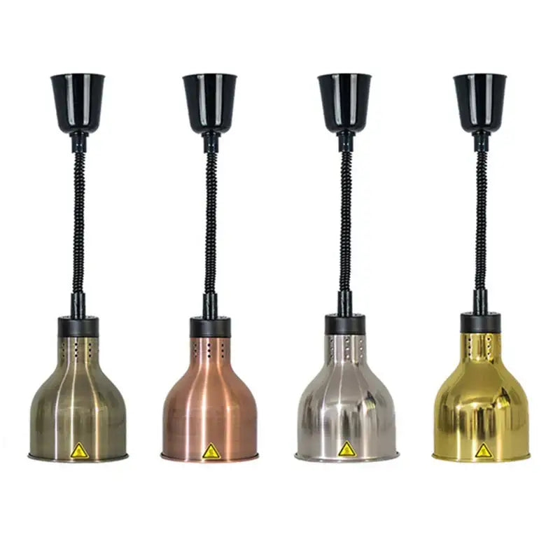 Four matte black adjustable pendant food heat lamps with copper, bronze, gold, and stainless steel bell-shaped bodies
